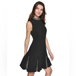 🤎Karl Lagerfeld Paris Women's Black Rhinestone-Trim Pleated Dress Size 16👗